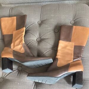 Heritage Two-Tone Brown Patchwork Mid-Calf Heeled Boots